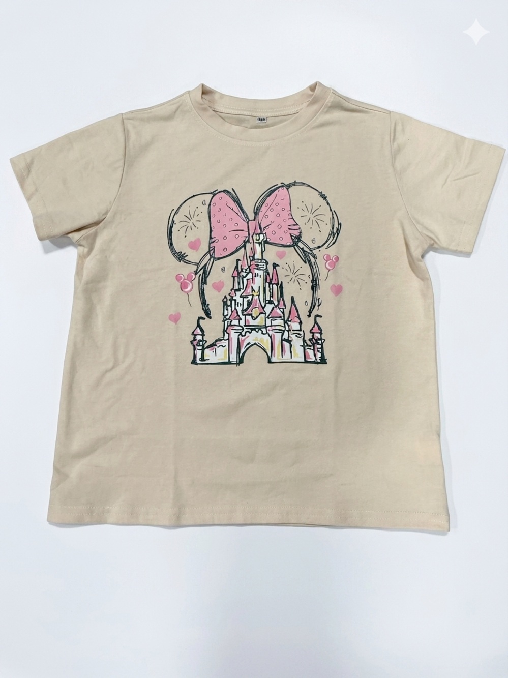 Disney Minnie Mouse Castle Graphic T-Shirt Kids Beige Pink Bow Tee Size 8 (130)